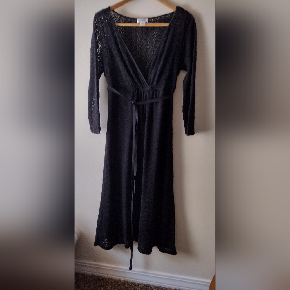 Ann Taylor Loft black belted lace Lined Dress open knit midi Size 14